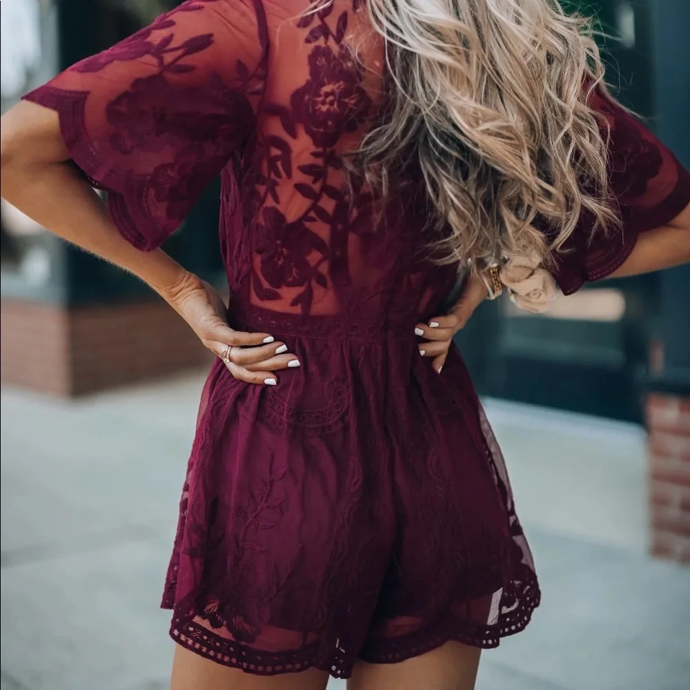 Elegant Burgundy Crochet Lace Romper - Picture 2 of 7